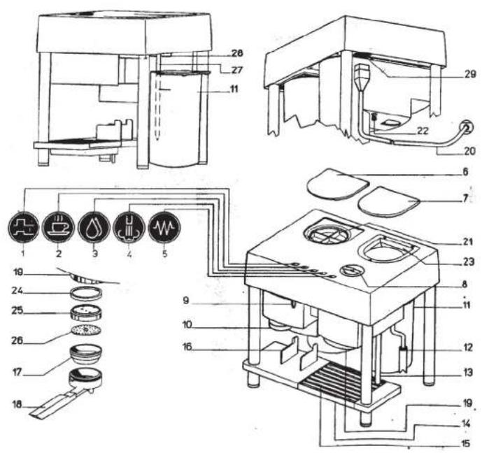 Technical diagram of a mechanical device with numbered components and exploded view, showing internal structure and assembly details.