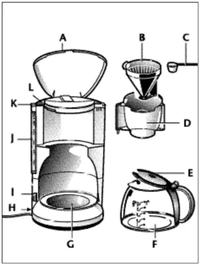 Labeled diagram of a coffee maker with parts A through H, showing internal components and parts of the device.