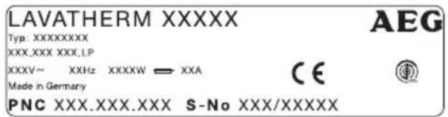 LAVATHERM XXXXX Typ: XXXXXXXX XXX.XXX XXX.LP XXXV~ XXHz XXXXW = XXA CE Made in Germany PNC XXX.XXX.XXX S-No XXX/XXXXX AEG