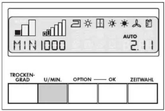 MIN 1000 AUTO 2.11 TROCKEN- GRAD U/MIN. OPTION —— OK ZEITWAHL