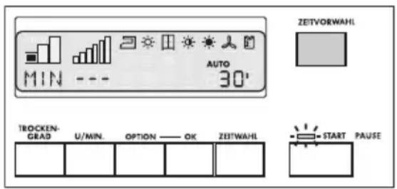 ZEITVORWAHL MIN --- AUTO 30' TROCKEN- GRAD U/MIN. OPTION — OK ZEITWAHL START PAUSE