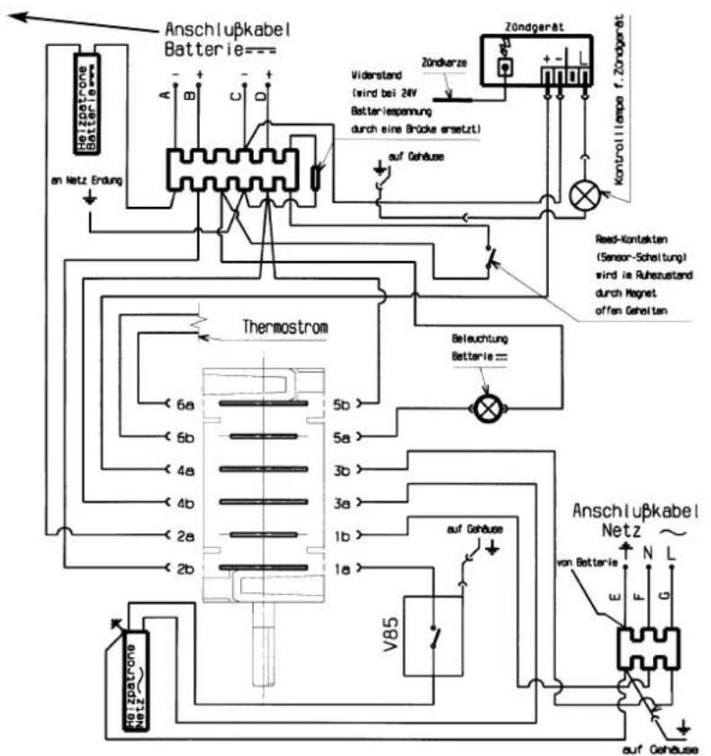 Anschlußkabel Batterie== an Netz Erdung Zöndgerät + - Zönderze Viderstand (wird bei 24V Batteriespannung durch eine Brücke ersetzt) auf Gehäuse Kontrollenpe f. Zöndgerät Thermostrom 6a 5b 5a 3b 3a 1b 1a V85 beleuchtung Batterie== Read-Kontakten (Sensor-Scheitung) wird in Ruhezustand durch Magnet offen Gehalten Anschlußkabel Netz ~ von Batterie E F G auf Gehäuse