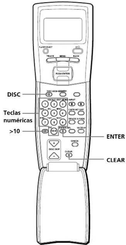 PUNT SELECT TRACK MENU BACK PUSH ENTER DISC HIGH-REVIEW ADC/AT DET UEN INPUT 1 2 3 GHI KCL MNO CAPS HIT LIST 4 5 6 PBS TUV WXY SPACE X-PAGE 7 8 9 TAL OUTER DEL SO SEL M OK DISC SKIP CHECK CLEAR ENTER TECLAS NUMÉRICAS >10 CLEAR