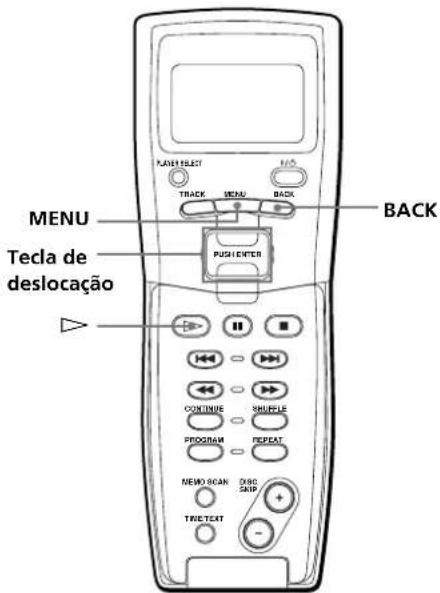 MENU Tecla de deslocação PUSCHENTER BACK MANUAL TRACK MENU BACK CONTINUE SHuffle PROGRAM REPEAT NEWO SCAN DISC SKIP TRIV TEXT