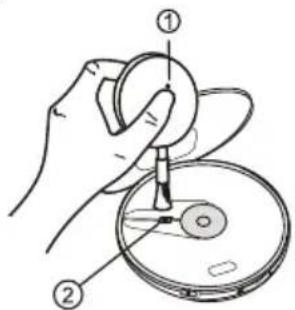 Diagram showing a hand holding a circular component labeled with parts ① and ②, likely illustrating a mechanical or electrical assembly.