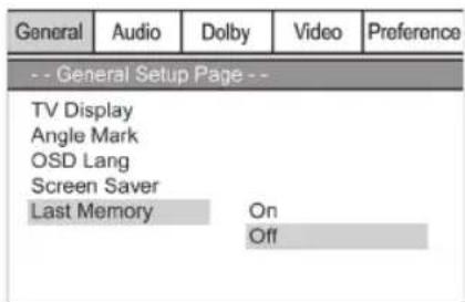 General Audio Dolby Video Preference -- General Setup Page -- TV Display Angle Mark OSD Lang Screen Saver Last Memory On Off