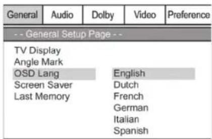 General Audio Dolby Video Preference -- General Setup Page -- TV Display Angle Mark OSD Lang English Screen Saver Dutch Last Memory French German Italian Spanish