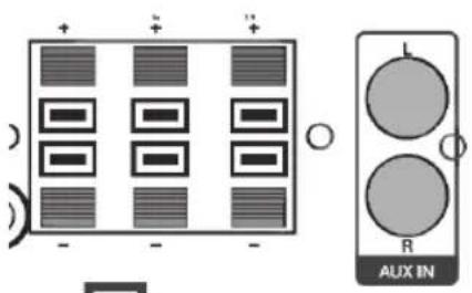 Diagram showing a grid-based device with positive and negative charges, alongside a labeled auxiliary inductor (AUX IN) with two circular components.