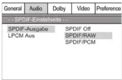 General Audio Dolby Video Preference -- SPDIF-Einstellseite -- SPDIF-Ausgabe SPDIF Off LPCM Aus SPDIF/RAW SPDIF/PCM