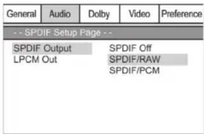 General Audio Dolby Video Preference -- SPDIF Setup Page -- SPDIF Output SPDIF Off LPCM Out SPDIF/RAW SPDIF/PCM