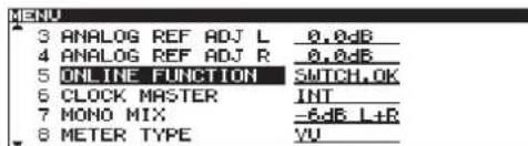 3 ANALOG REF ADJ L 0,0dB 4 ANALOG REF ADJ R 0,0dB 5 ONLINE FUNCTION SWITCH.0K 6 CLOCK MASTER INT 7 MONO MIX -8dB L+R 8 METER TYPE VU