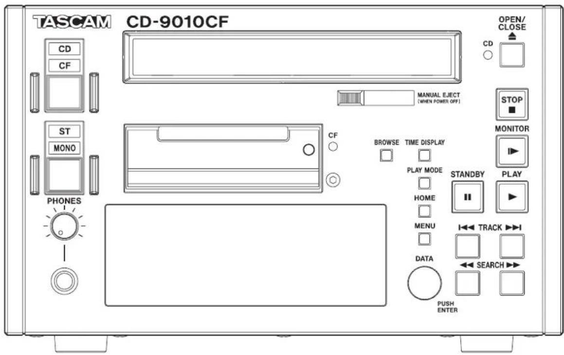 TASCAM CD-9010CF CD CF ST MONO PHONES CF MANUAL ELECT [WHEN POWER OFF] BROWSE TIME DISPLAY PLAY MODE HOME MENU DATA PUSH ENTER OPEN/ CLOSE CD STOP MONITOR STANDBY PLAY I←← TRACK →→I ←← SEARCH →→I PD