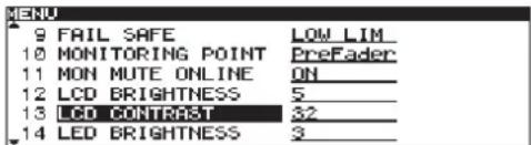 9 FAIL SAFE 10 MONITORING POINT 11 MON MUTE ONLINE 12 LCD BRIGHTNESS 13 LCD CONTRAST 14 LED BRIGHTNESS LOW LIM PreFader ON 5 32 3