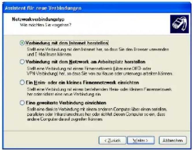 Assistent für neue Verbindungen Netzwerkverbindungstyp Wie möchten Sie vorgehen? Verbindung mit dem Internet herstellen Stellt eine Verbindung mit dem Internet her, so dass Sie den Browser verwenden und E-Mail lesen können Verbindung mit dem Netzwerk am Arbeitsplatz herstellen Stellt eine Verbindung mit einem Firmennetzwerk (über eine DIFÜ- oder VPN-Volbindung) her, so dass Sie von zu Hause oder unterwegs arbeiten können Ein Heim- oder ein kleines Firmennetzwerk einrichten Stellt eine Verbindung mit einem bestehenden Heim- oder kleinen Firmennetzwerk her oder richtet eine neue Verbindung ein Eine geweßerte Verbindung einrichten Stellt eine direkte Verbindung mit einem anderen Computer über einen seriellen, parallelen oder Infraplanachuss her oder richtet diesen Computer so ein, dass andere Computer darauf zugreifen können < Zulück Weiter > Abzeichen