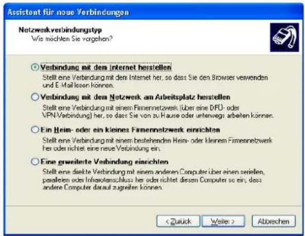 Assistent für neue Verbindungen Netzwerkverbindungstyp Wie möchten Sie vorgehen? ○ Verbindung mit dem Internet herstellen Stellt eine Verbindung mit einem Internet her, so dass Sie den Browser verwenden und E-Mail lesen können. ○ Verbindung mit dem Netzwerk am Arbeitsplatz herstellen Stellt eine Verbindung mit einem Firmennetzwerk (über eine DPU- oder VPN-Verbindung) her, so dass Sie von zu Hause oder unterwegs arbeiten können. ○ Ein Heim- oder ein kleines Firmennetzwerk einrichten Stellt eine Verbindung mit einem bestehenden Heim- oder kleinem Firmennetzwerk her oder richtet eine neue Verbindung ein. ○ Eine greseitete Verbindung einrichten Stellt eine diskte Verbindung mit einem anderen Computer über einen seriellen, parallelen oder Infraioforschluß her oder richtet diesen Computer so ein, dass andere Computer darauf zugreifen können. Abwechen