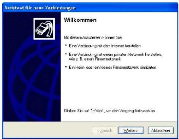 Assistent für neue Verbindungen Willkommen Mit diesem Assistenten können Sie • Eine Verbindung mit dem Internet herstellen • Eine Verbindung mit einem privaten Netzwerk herstellen, viele z. B. einem Firmennetzwerk • Ein Heim- oder ein kleines Firmennetzwerk sinrichten Klicken Sie auf "Weiter", um den Vorgang fortzusetzen. Abbrechen