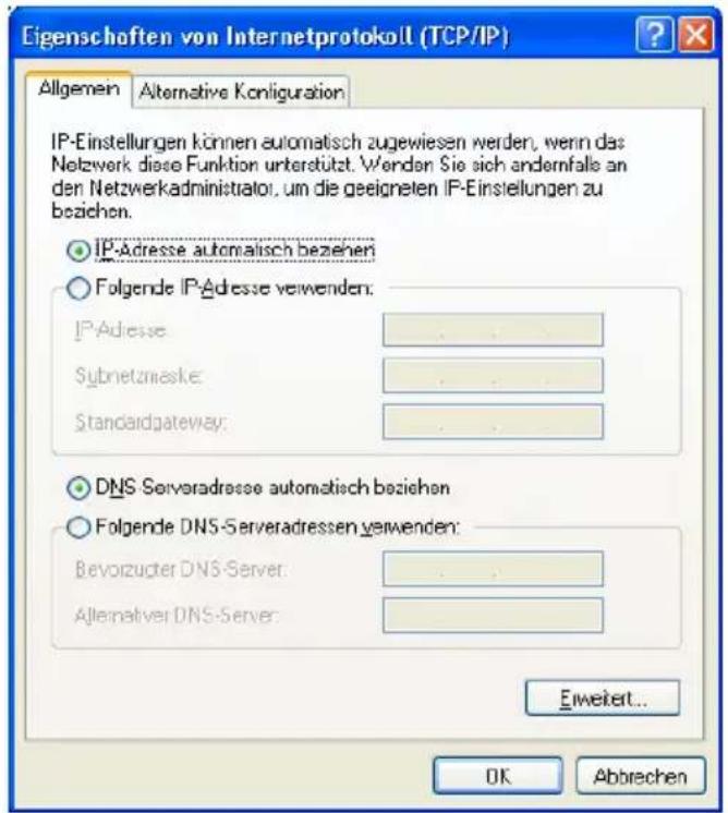 Eigenschaften von Internetprotokoll (TCP/IP) Allgemein Alternative Konsliguration IP-Einstellungen können automatisch zugewiesen werden, wenn das Netzwerk diese Funktion unterstützt. Wenden Sie sich andernfalle an den Netzwerkadministrator, um die geeigneten IP-Einstellungen zu beziehen. IP-Adresse automatisch beziehen Folgende IP-Adresse verwenden: IP-Adresse Subnetzmaske: Standardgateway: DNS Serveradresse automatisch beziehen Folgende DNS-Serveradressen verwenden: Bevorzuter DNS-Server: Alternatver DNS-Server: Einwerte... OK Abbrevchen