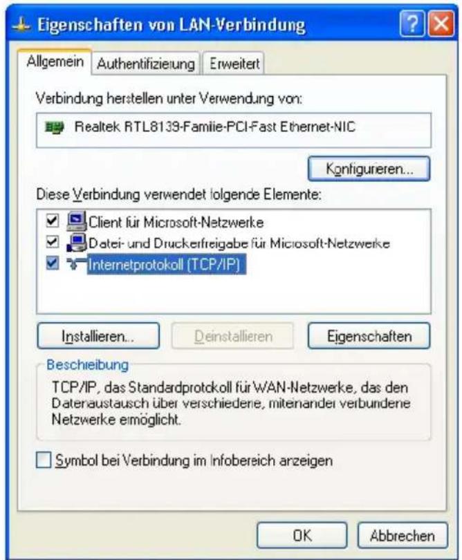 Eigenschaften von LAN-Verbindung Allgemein Authentifizierung Erweitert Verbindung herstellen unter Verwendung von: Realtek RTL8139-Familie-PCI-Fast Ethernet-NIC Konfigurieren... Diese Verbindung verwendet folgende Elemente: Client für Microsoft-Netzwerke Datei- und Druckerfreigabe für Microsoft-Netzwerke Internetprotokoll (TCP/IP) Installieren... Deinstallieren Eigenschaften Beschreibung TCP/IP, das Standardprotokoll für WAN-Netzwerke, das den Datenaustausch über verschiedene, mitenander verbundene Netzwerke ermöglicht. Symbol bei Verbindung im Infobereich arzeigen OK Abbrechen