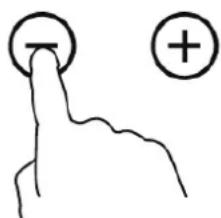 Hand-drawn diagram showing a finger pressing a button with an '−' symbol and a plus sign, likely illustrating a basic electrical or logic concept.