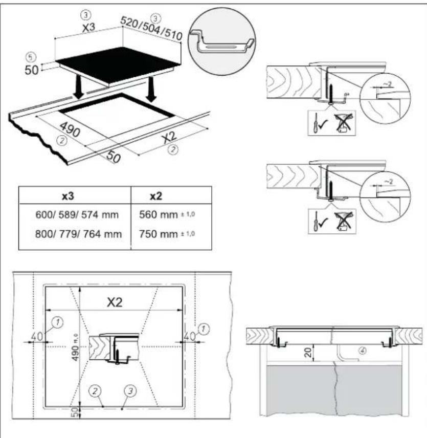 X3 520/504/510 ③ ⑤ 50 490 ② X2 50 x3 x2 600/ 589/ 574 mm 560 mm ± 1,0 800/ 779/ 764 mm 750 mm ± 1,0 X2 ① ④ 40 490 n.º ② ③ 50 20