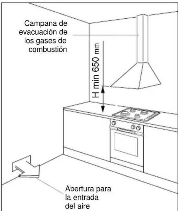 Campana de evacuación de los gases de combustión H min 650 mm Abertura para la entrada del aire
