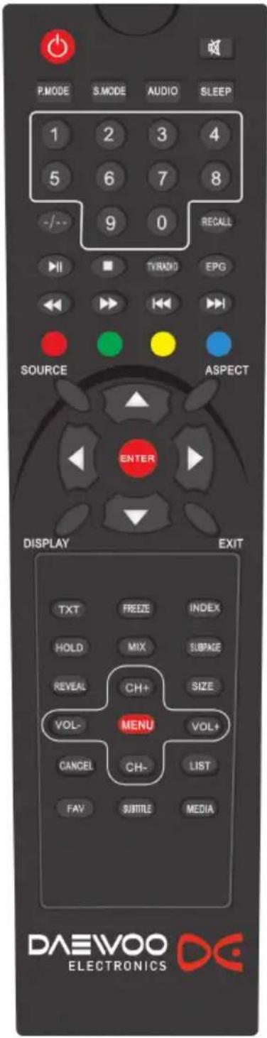 P.MODE S.MODE AUDIO SLEEP 1 2 3 4 5 6 7 8 -/- 9 0 RECALL TV/RX/DI EPG SOURCE ASPECT ENTER DISPLAY EXIT TXT FREEZ INDEX HOLD MIX SUBPAGE REVEAL CH+ SIZE VOL- MENU VOL+ CANCEL CH- LIST FAV SUBTITLE MEDIA DAEWOO DC ELECTRONICS