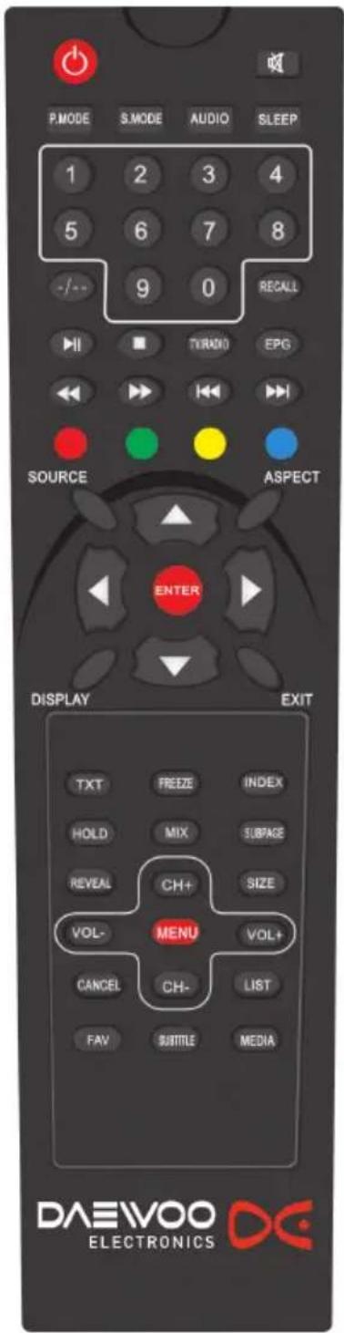 P.MODE S.MODE AUDIO SLEEP 1 2 3 4 5 6 7 8 - / - 9 0 RECALL TURNO EPG SOURCE ASPECT ENTER DISPLAY EXIT TXT FREEZ INDEX HOLD MIX SUBPAGE REVEAL CH+ SIZE VOL- MENU VOL+ CANCEL CH- LIST FAV SUBTITLE MEDIA DAEWOO DELEMONICS