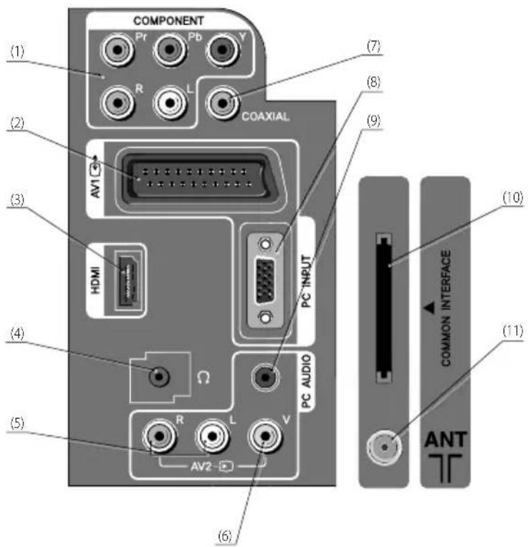 COMPONENT Pr Pb Y R L COAXIAL AV1 HDMI PC INPUT PC AUDIO AV2 (6) (5) (4) (3) (2) (1) (7) (8) (9) (10) COMMON INTERFACE (11) ANT