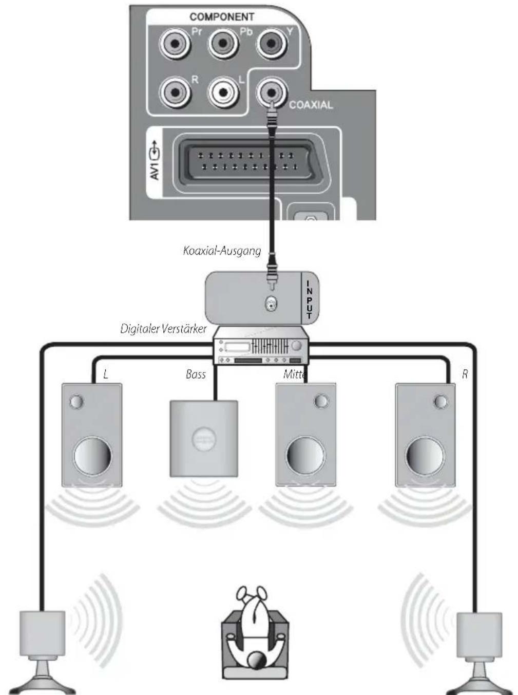 COMPONENT Pr Pb Y R L COAXIAL AVI Koaxial-Ausgang Digitaler Verstärker L Bass Mitte R