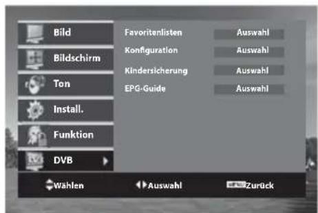 Bild Bildschirm Ton Install. Funktion DVB Favoritelisten Konfiguration Kindersicherung EPG-Guide Auswahl Auswahl Auswahl Auswahl Auswahl Wählen Auswahl Zurück