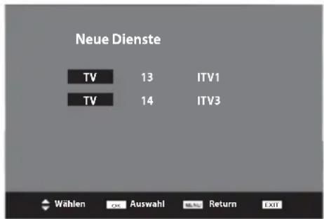 Neue Dienste TV 13 ITV1 TV 14 ITV3 Wählen OK Auswahl Return EXIT