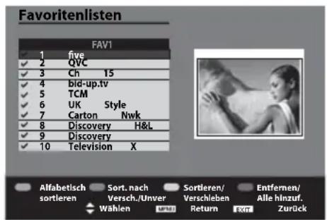 Favoritenlisten FAV1 1 five 2 QVC 3 Ch 15 4 bid-up.tv 5 TCM 6 UK Style 7 Carton Nwk 8 Discovery H&L 9 Discovery 10 Television X Alfabetisch Sort. nach Sortieren/ Entfernen/ sortieren Versch./Unver Verschleben Alle hinzuf. Wählen Return Zurück