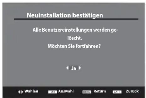 Neuinstallation bestätigen Alle Benutzereinstellungen werden gelöscht. Möchten Sie fortfahren? Ja Wählen OK Auswahl Return EXIT Zurück