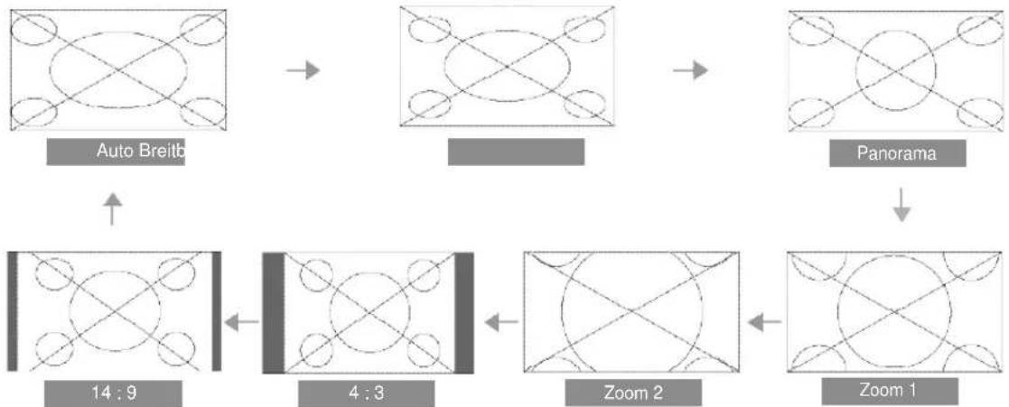 graph TD A["Auto Breitb"] --> B["Panorama"] B --> C["Zoom 1"] C --> D["Zoom 2"] D --> E["4:3"] E --> F["14:9"]