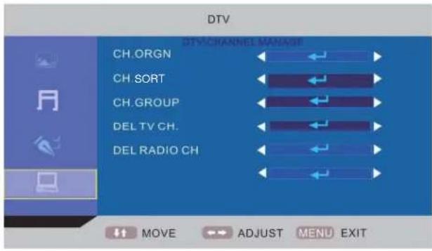 DTV DTHV CHANNEL MANAGE CH. ORGN CH. SORT CH. GROUP DEL TV CH. DEL RADIO CH MOVE ADJUST MENU EXIT
