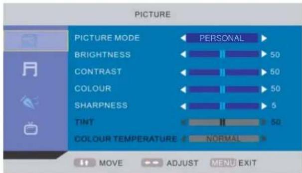 PICTURE PICTURE MODE ← PERSONAL ► BRIGHTNESS ← 50 CONTRAST ← 50 COLOUR ← 50 SHARPNESS ← 5 TINT ← II 50 COLOUR TEMPERATURE ← NORMAL ► MOVE ADJUST MENU EXIT
