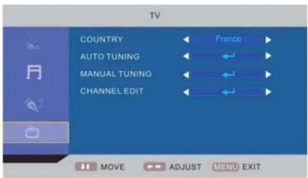 TV COUNTRY France AUTO TUNING MANUAL TUNING CHANNEL EDIT MOVE ADJUST MENU EXIT