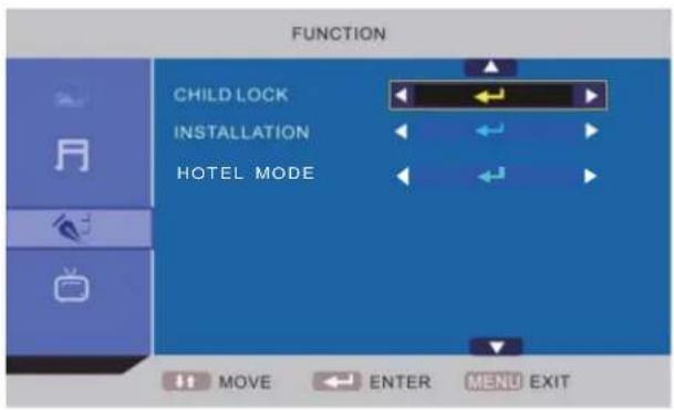 FUNCTION CHILD LOCK INSTALLATION HOTEL MODE MOVE ENTER MENU EXIT