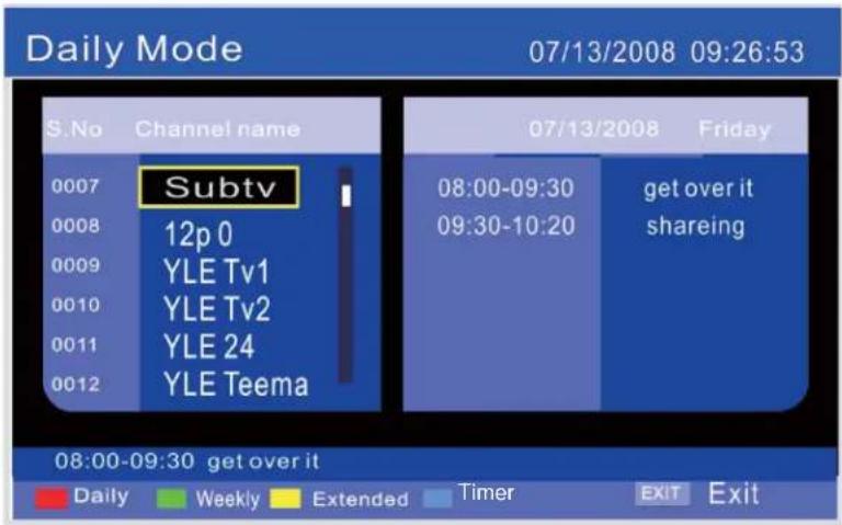 Daily Mode 07/13/2008 09:26:53 S.No Channel name 0007 Subtv 0008 12p 0 0009 YLE Tv1 0010 YLE Tv2 0011 YLE 24 0012 YLE Teema 07/13/2008 Friday 08:00-09:30 get over it 09:30-10:20 shareing 08:00-09:30 get over it Daily Weekly Extended Timer EXIT Exit