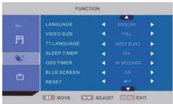 FUNCTION LANGUAGE ENGLISH VIDEO SIZE FULL TT LANGUAGE WEST EURO SLEEP TIMER OFF OSD TIMER 60 SECONDS BLUE SCREEN ON RESET MOVE ADJUST MENU EXIT