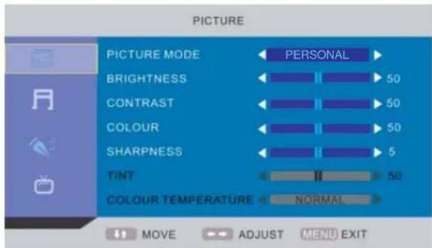 PICTURE PICTURE MODE ← PERSONAL ► BRIGHTNESS ← 50 CONTRAST ← 50 COLOUR ← 50 SHARPNESS ← 5 TINT ← II → 50 COLOUR TEMPERATURE ← NORMAL ► MOVE ADJUST MENU EXIT