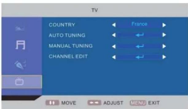 TV COUNTRY France AUTO TUNING MANUAL TUNING CHANNEL EDIT MOVE ADJUST MENU EXIT