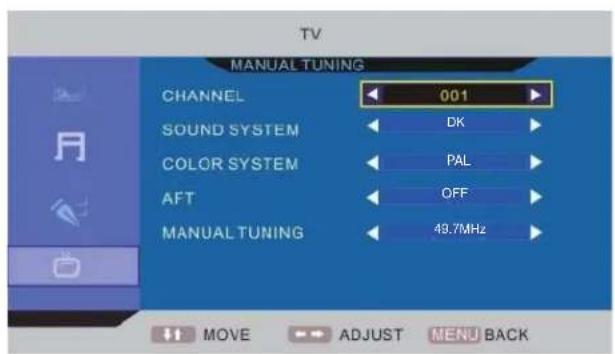 TV MANUAL TUNING CHANNEL 001 SOUND SYSTEM DK COLOR SYSTEM PAL AFT OFF MANUAL TUNING 49.7MHz MOVE ADJUST MENU BACK