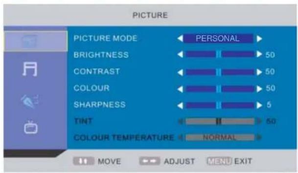PICTURE PICTURE MODE BRIGHTNESS CONTRAST COLOUR SHARPNESS TINT COLOUR TEMPERATURE PERSONAL 50 50 50 5 50 NORMAL MOVE ADJUST MENU EXIT