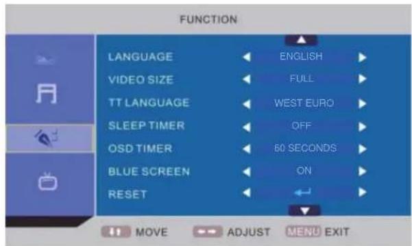 FUNCTION LANGUAGE ENGLISH VIDEO SIZE FULL TT LANGUAGE WEST EURO SLEEP TIMER OFF OSD TIMER 60 SECONDS BLUE SCREEN ON RESET MOVE ADJUST MENU EXIT