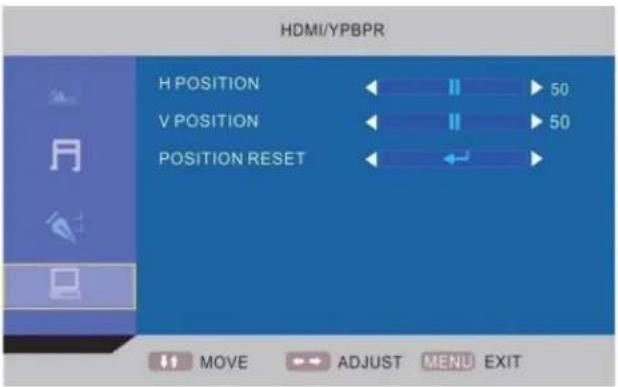 HDMI/YPBPR H POSITION V POSITION POSITION RESET 50 50 MOVE ADJUST MENU EXIT