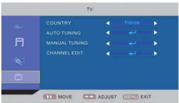 TV COUNTRY France AUTO TUNING MANUAL TUNING CHANNEL EDIT MOVE ADJUST MENU EXIT