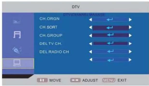 DTV DTV CHANNEL MANAGE CH.ORGN CH. SORT CH.GROUP DEL TV CH. DEL RADIO CH MOVE ADJUST MENU EXIT