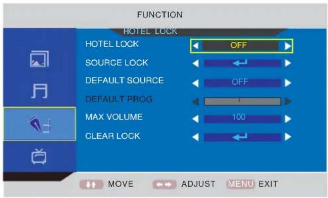 FUNCTION HOTEL LOCK HOTEL LOCK OFF SOURCE LOCK DEFAULT SOURCE OFF DEFAULT PROG 1 MAX VOLUME 100 CLEAR LOCK MOVE ADJUST MENU EXIT