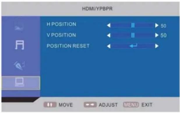 HDMI/YPBPR H POSITION 50 V POSITION 50 POSITION RESET MOVE ADJUST MENU EXIT